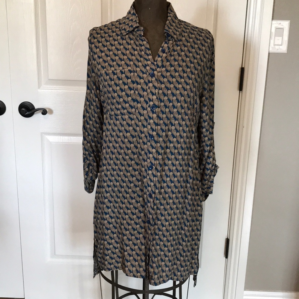 Joy Joy | Teal Owl Print Long Button-up Top Size S